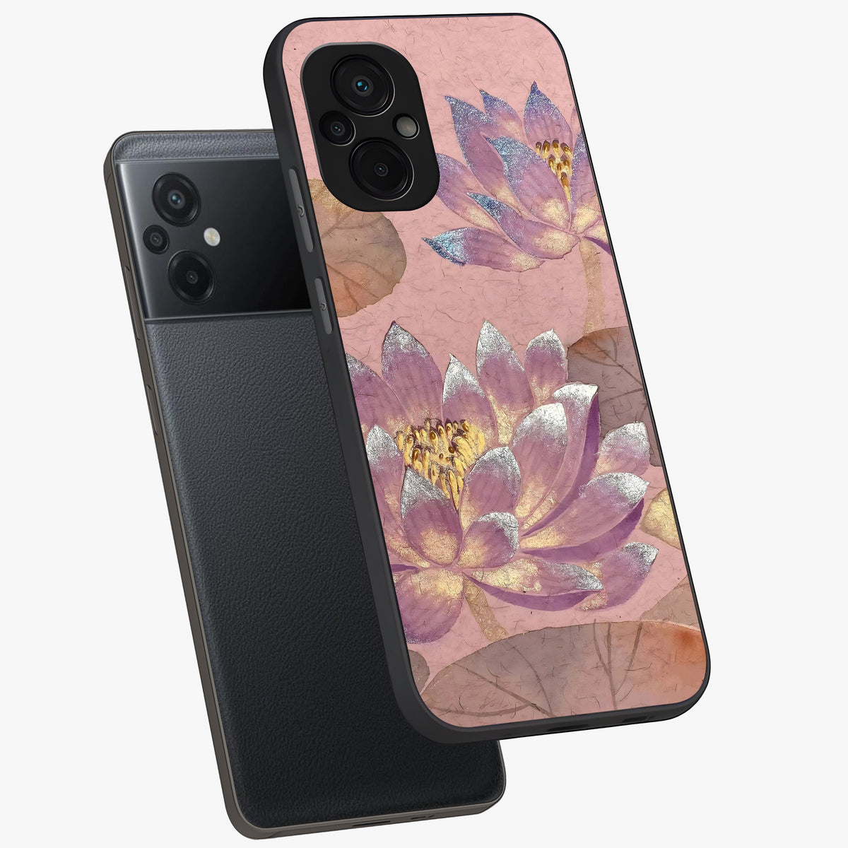 Blossom Mist Lotus Glass Case displayed in angled mockup highlighting delicate lotus illustration with calm aesthetic theme.