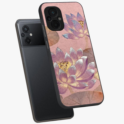Blossom Mist Lotus Glass Case displayed in angled mockup highlighting delicate lotus illustration with calm aesthetic theme.