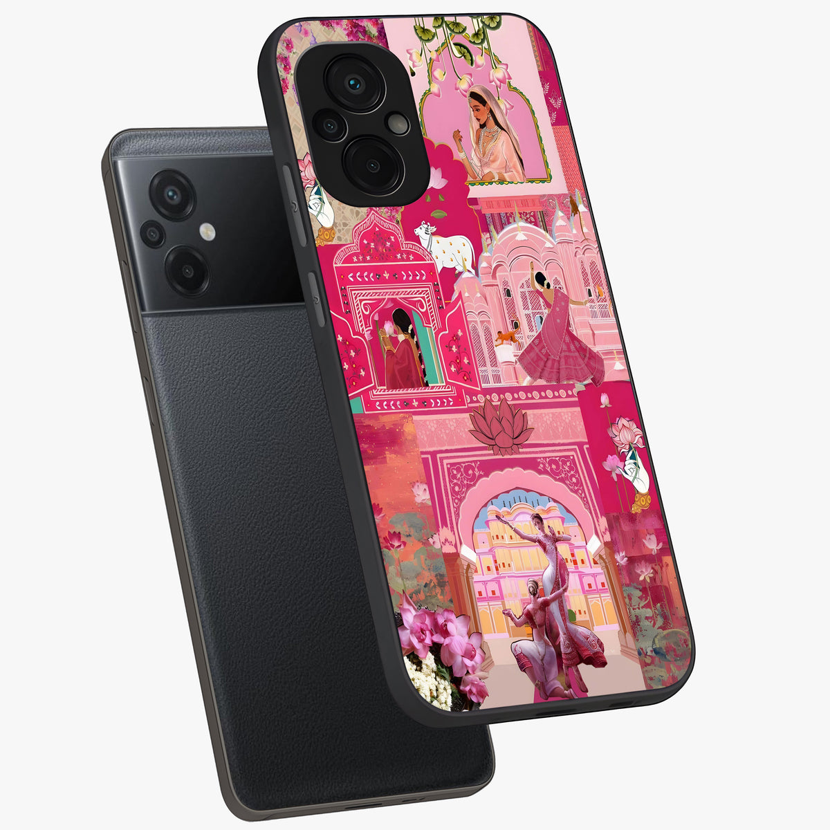 Blossoms of Rajasthan Glass Case displayed in angled mockup highlighting vibrant floral pattern with cultural aesthetic style.