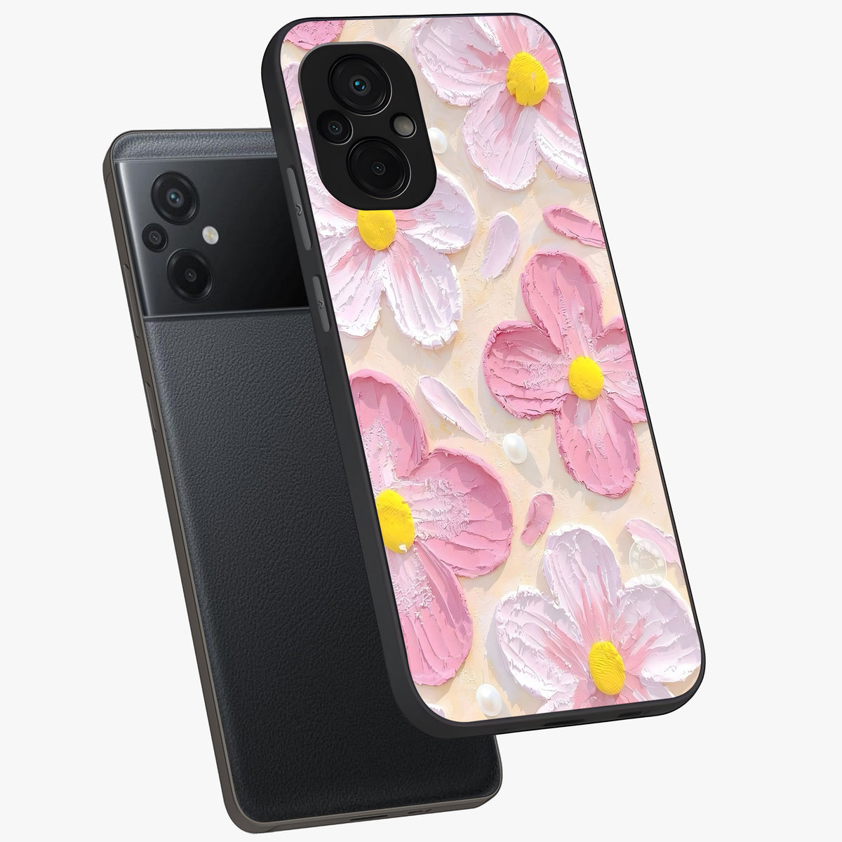 Blush Bloom Texture Glass Case displayed in angled mockup highlighting subtle bloom pattern with aesthetic pastel design.