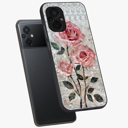 Blush Mosaic Bloom Glass Case displayed in angled mockup highlighting artistic mosaic flower pattern with aesthetic design.