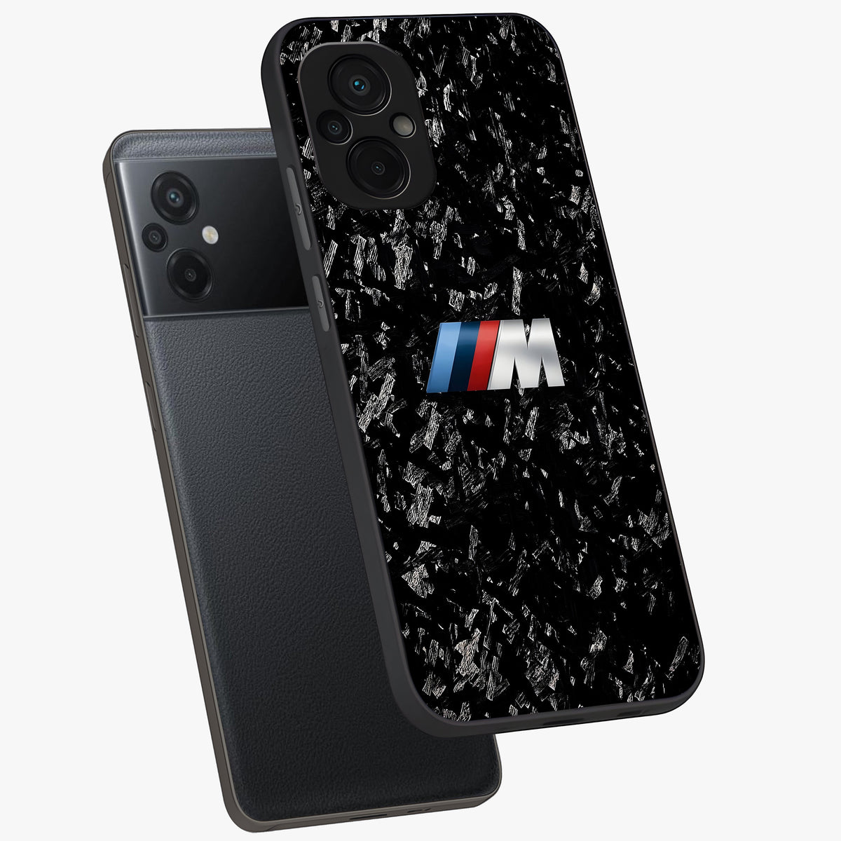 Carbon Speed Mark Glass Case displayed in angled mockup highlighting racing inspired carbon design and sleek aesthetic style.