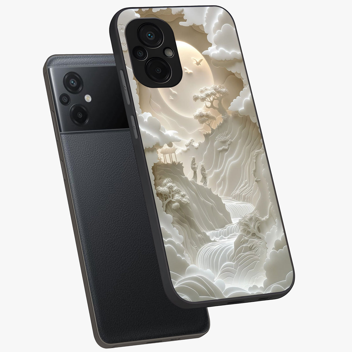 Celestial Origami Glass Case displayed in angled mockup highlighting geometric origami design with cosmic aesthetic theme.