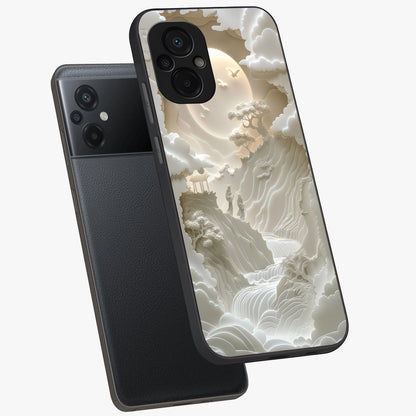 Celestial Origami Glass Case displayed in angled mockup highlighting geometric origami design with cosmic aesthetic theme.