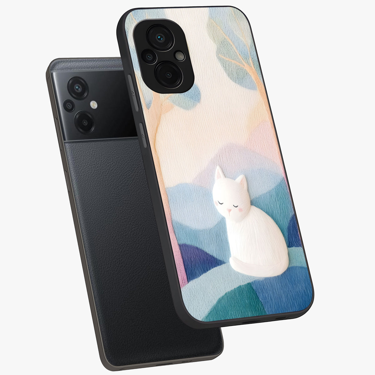 Cotton Dream Cat Glass Case displayed in angled mockup highlighting cute feline illustration with pastel aesthetic style.