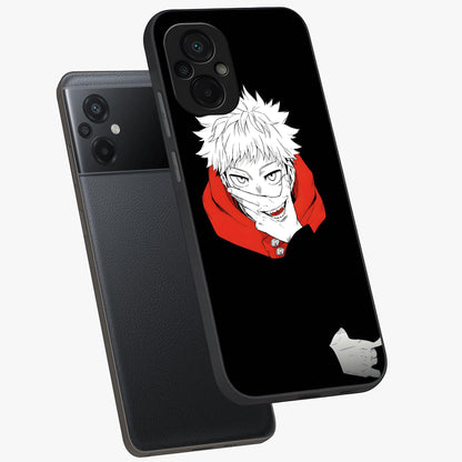Crimson Chaos Smile Glass Case displayed in angled mockup highlighting edgy crimson smile design with graphic aesthetic.