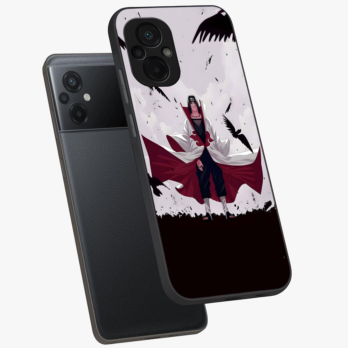 Crimson Crow Ascension Glass Case displayed in angled mockup highlighting powerful crow illustration with dark crimson aesthetic.