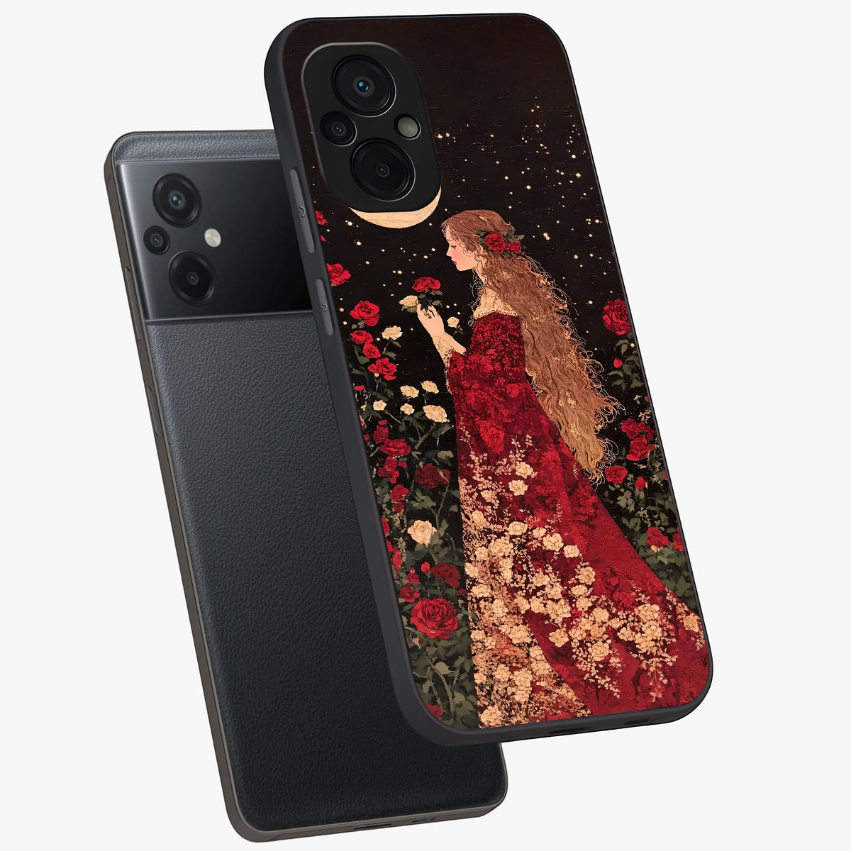 Crimson Dreams Glass Case displayed in angled mockup highlighting soft crimson aesthetic design with artistic theme.