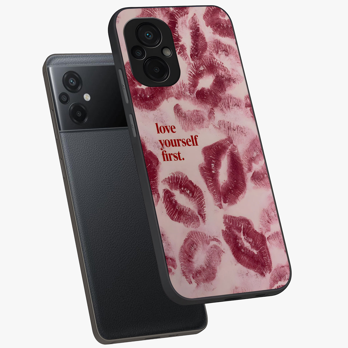 Crimson Kiss Love Glass Case displayed in angled mockup highlighting bold love inspired design with modern aesthetic style.