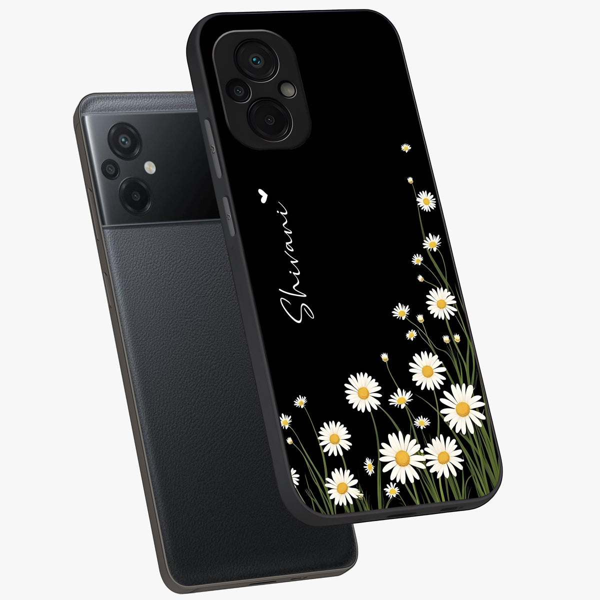Daisy Cascade Custom Name Glass Case displayed in angled mockup highlighting delicate daisy artwork with custom name feature.
