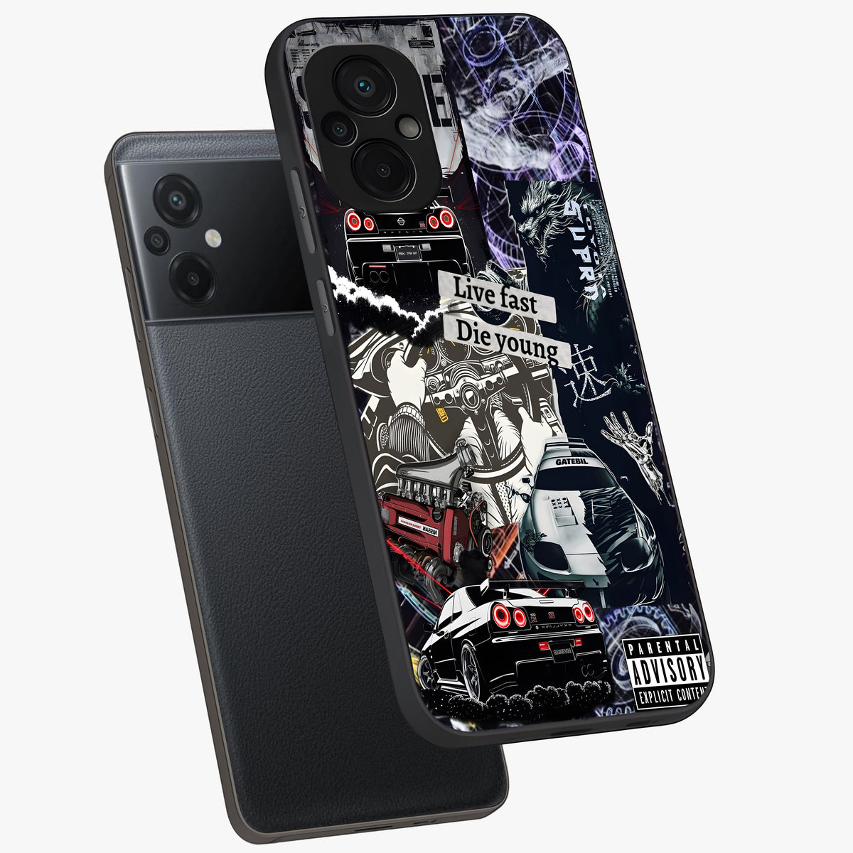 Die Young Glass Case displayed in angled mockup highlighting expressive graphic artwork with edgy aesthetic style.