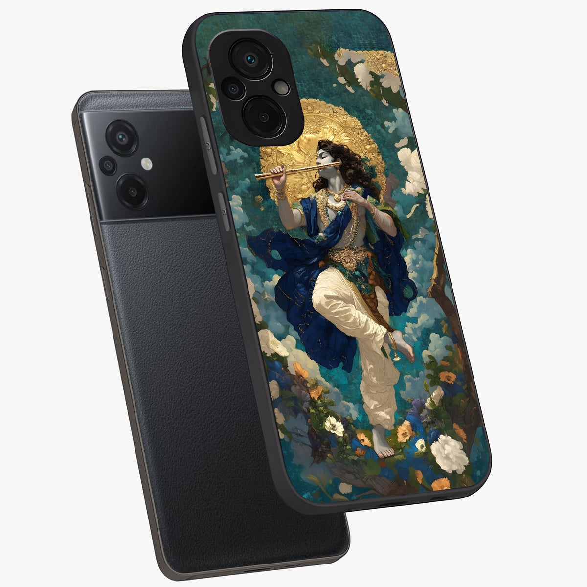 Divine Krishna Art Glass Case displayed in angled mockup highlighting spiritual Krishna illustration with devotional aesthetic.