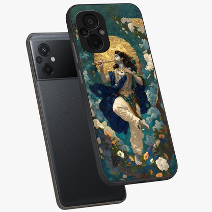Divine Krishna Art Glass Case displayed in angled mockup highlighting spiritual Krishna illustration with devotional aesthetic.
