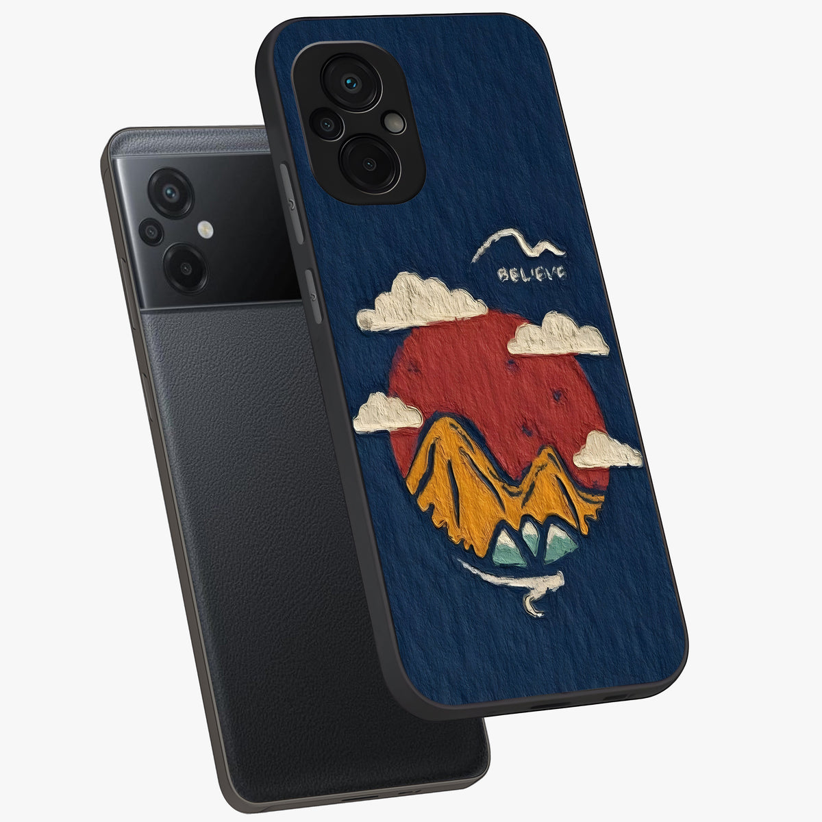 Dream Beyond Mountains Glass Case displayed in angled mockup highlighting dreamy mountain illustration with peaceful aesthetic.