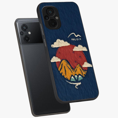 Dream Beyond Mountains Glass Case displayed in angled mockup highlighting dreamy mountain illustration with peaceful aesthetic.