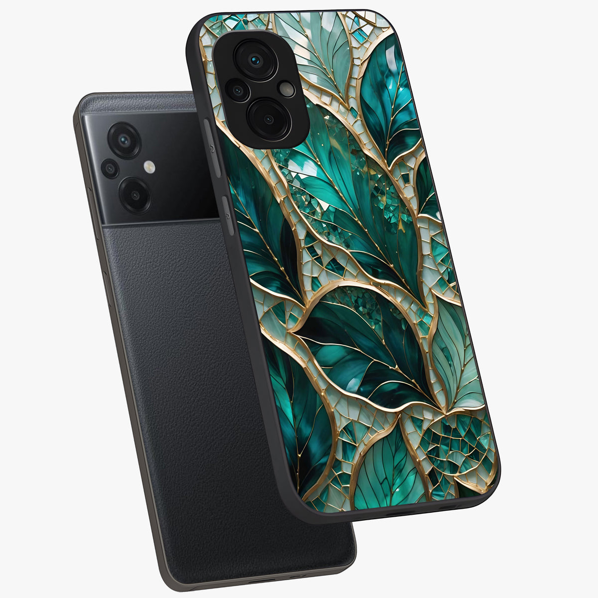 Emerald Leaf Glass Glass Case displayed in angled mockup highlighting botanical leaf illustration with elegant natural aesthetic.