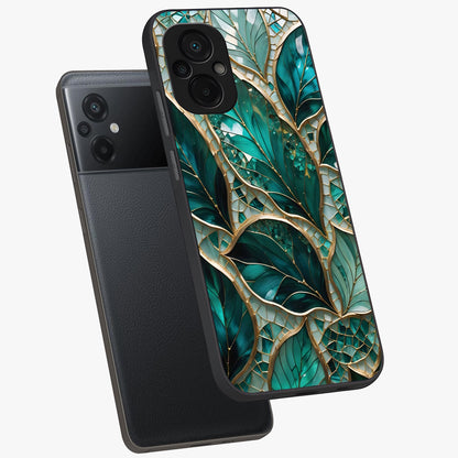 Emerald Leaf Glass Glass Case displayed in angled mockup highlighting botanical leaf illustration with elegant natural aesthetic.