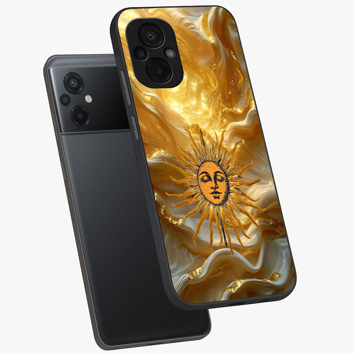 Eternal Golden Glow Glass Case displayed in angled mockup highlighting glowing golden aesthetic design with elegant style.