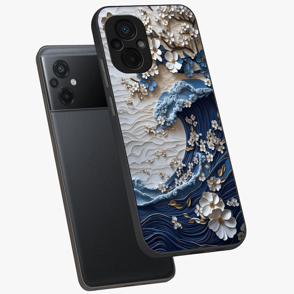 Floral Wave Origami Glass Case displayed in angled mockup highlighting geometric origami flower design with modern aesthetic style.