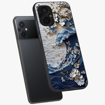 Floral Wave Origami Glass Case displayed in angled mockup highlighting geometric origami flower design with modern aesthetic style.