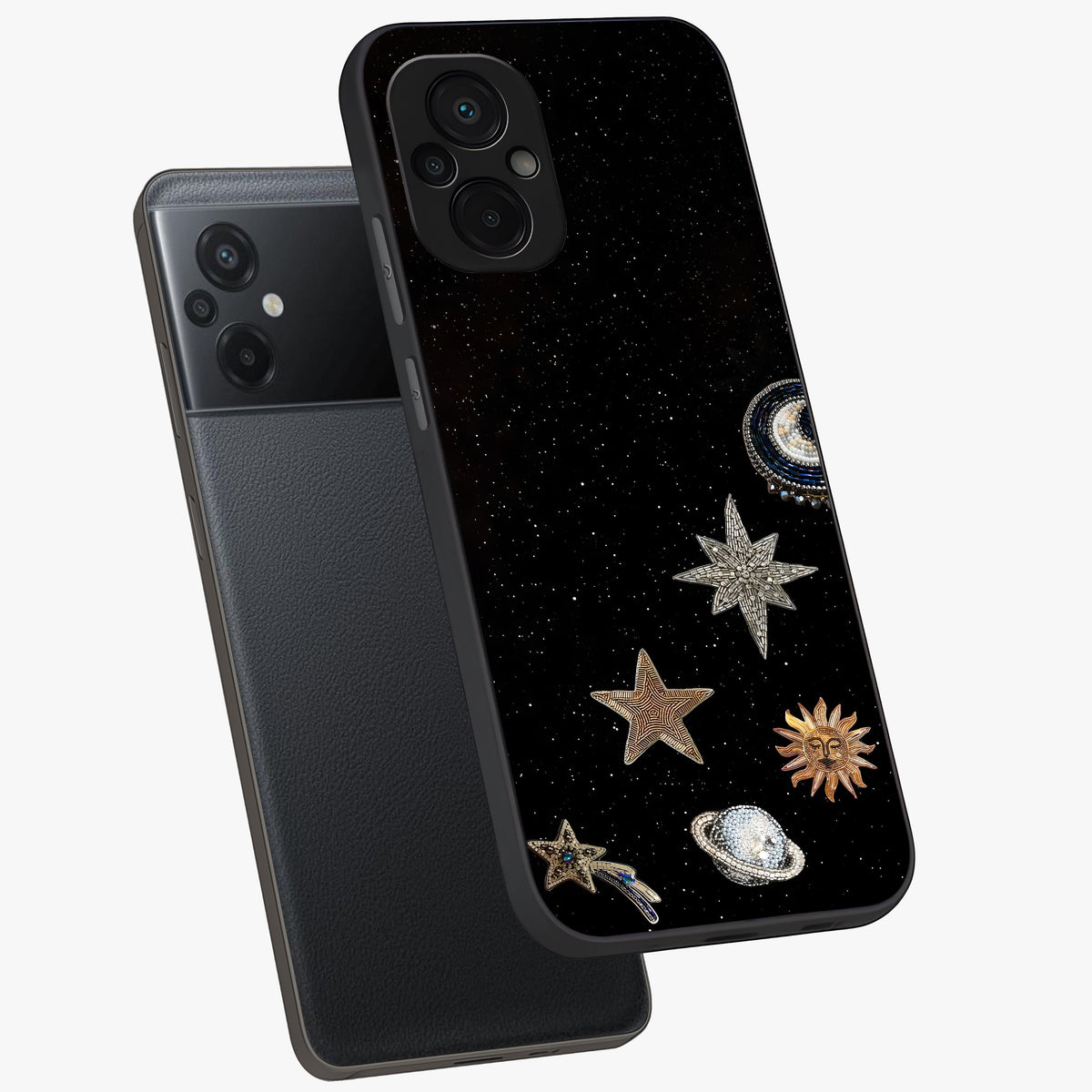 Galactic Charm Glow Glass Case displayed in angled mockup highlighting luminous galaxy inspired design with dreamy aesthetic.