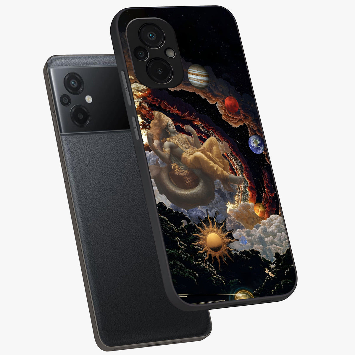 Galactic Divine God Glass Case displayed in angled mockup highlighting powerful celestial deity illustration with galactic aesthetic.