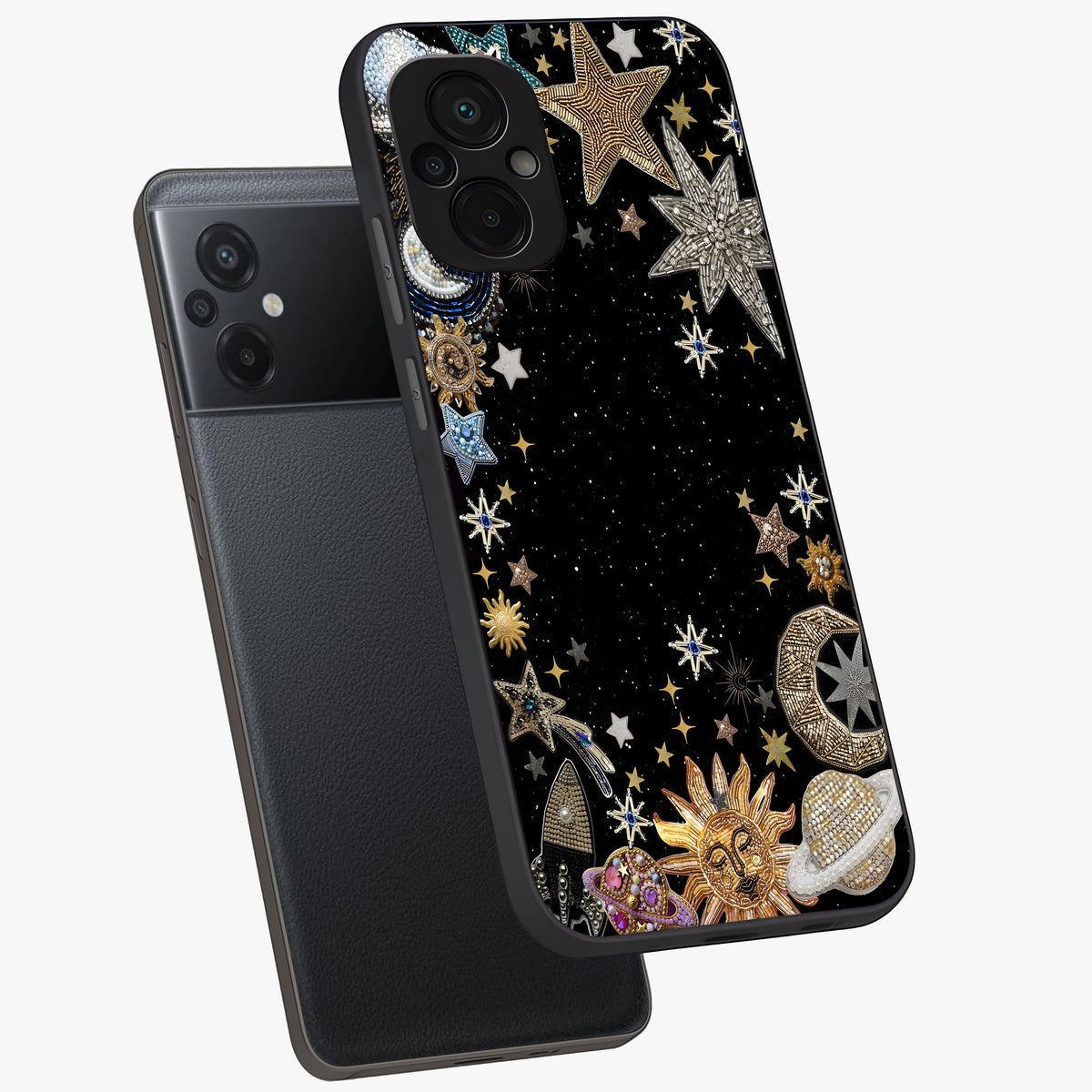 Galactic Jewel Stars Glass Case displayed in angled mockup highlighting shining celestial star design with cosmic aesthetic style.