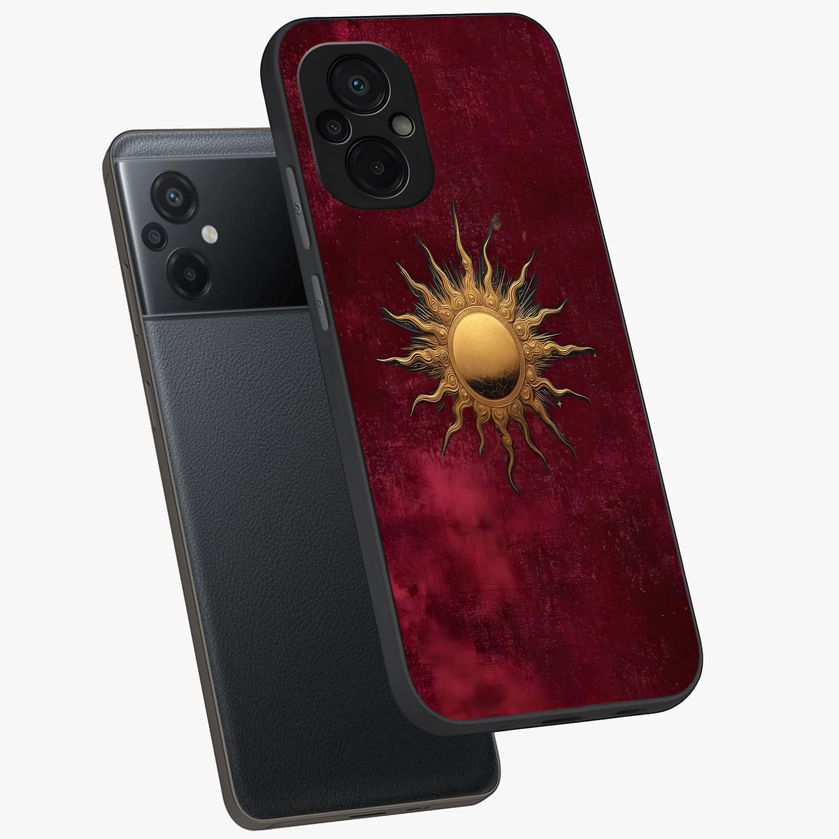 Golden Sun Minimalism Glass Case displayed in angled mockup highlighting clean sun symbol design with modern minimal aesthetic.