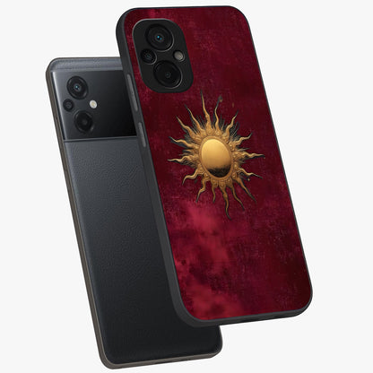 Golden Sun Minimalism Glass Case displayed in angled mockup highlighting clean sun symbol design with modern minimal aesthetic.