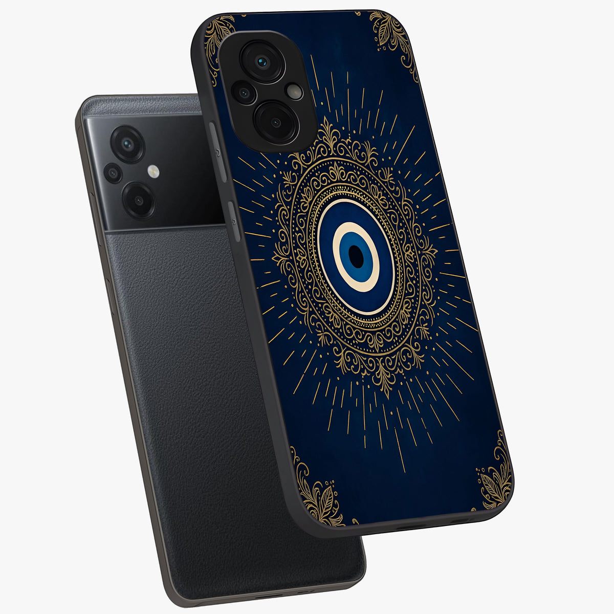Golden Celestial Charm Glass Case displayed in angled mockup highlighting sparkling cosmic charm design with celestial aesthetic.