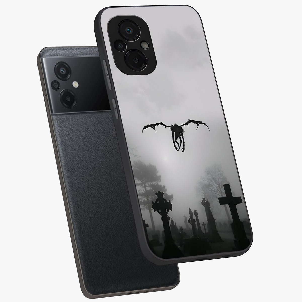 Graveyard Shadow Descent Glass Case displayed in angled mockup highlighting eerie shadow illustration with gothic aesthetic.