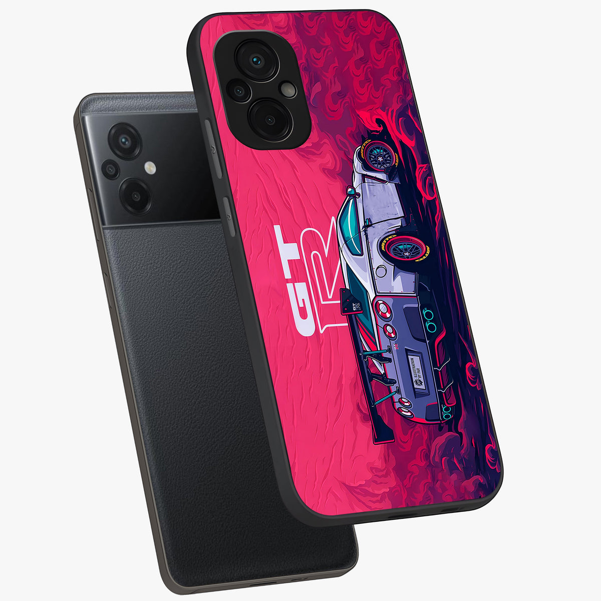 GT-R Car Pattern Glass Case displayed in angled mockup highlighting racing car graphic design with bold automotive aesthetic.