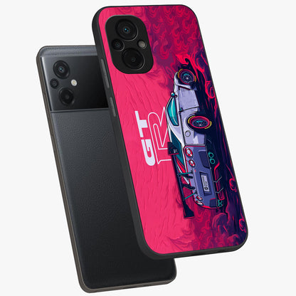 GT-R Car Pattern Glass Case displayed in angled mockup highlighting racing car graphic design with bold automotive aesthetic.
