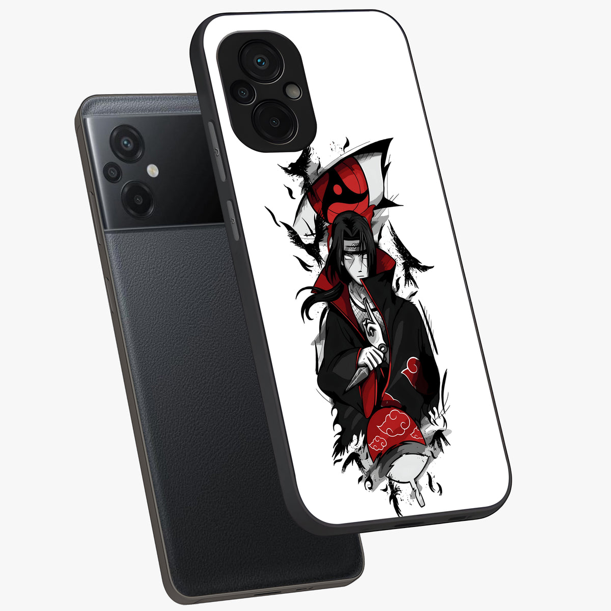 Itachi Limited Edition Naruto Anime Glass Case displayed in angled mockup highlighting dramatic anime illustration with bold action aesthetic.