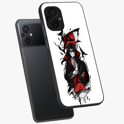 Itachi Limited Edition Naruto Anime Glass Case displayed in angled mockup highlighting dramatic anime illustration with bold action aesthetic.