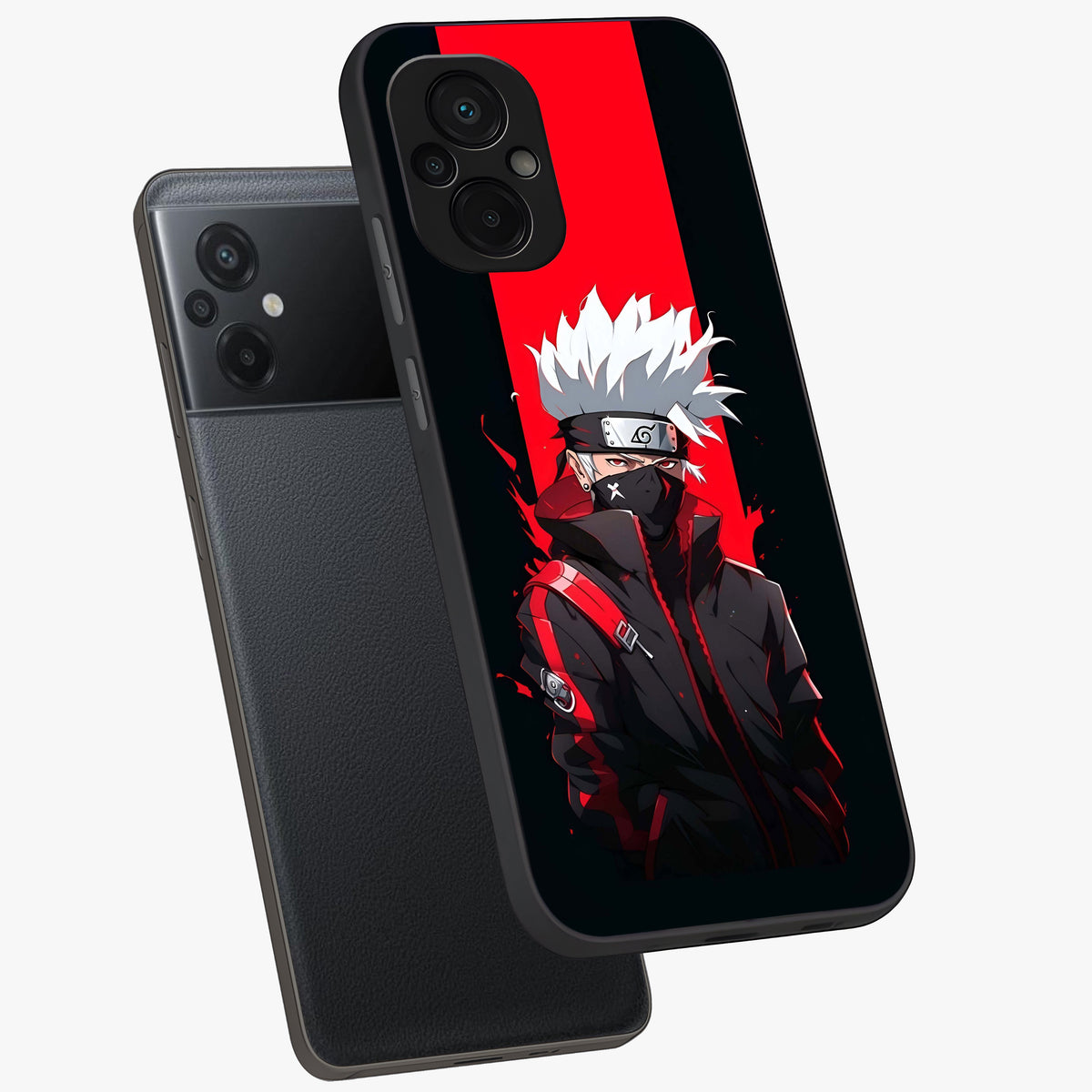 Kakashi Scarlet Shadow Glass Case displayed in angled mockup highlighting dramatic ninja illustration with scarlet themed aesthetic.