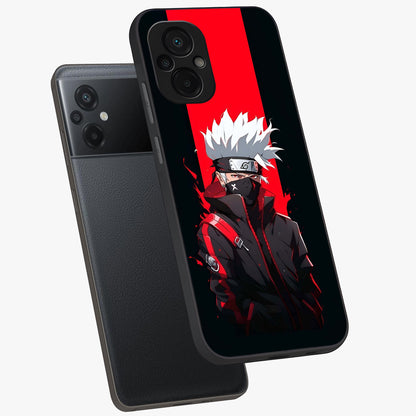 Kakashi Scarlet Shadow Glass Case displayed in angled mockup highlighting dramatic ninja illustration with scarlet themed aesthetic.