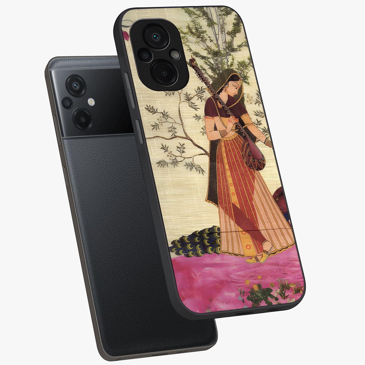 Lady With Veena Art Glass Case displayed in angled mockup highlighting graceful musical illustration with cultural artistic aesthetic.