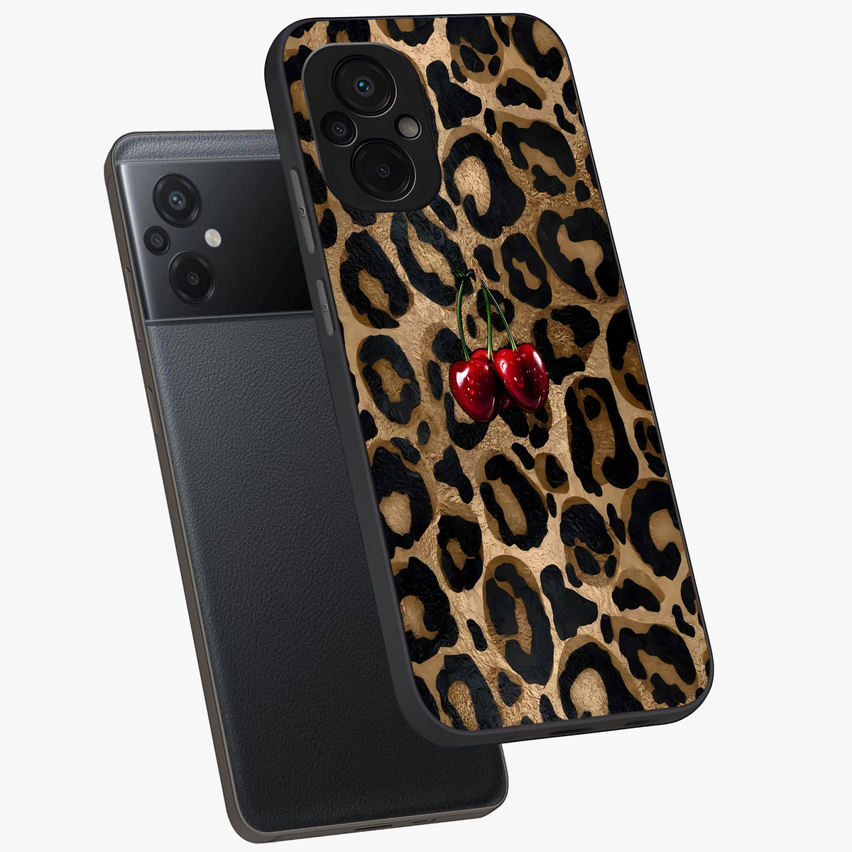 Leopard Wild Cherry Glass Case displayed in angled mockup highlighting bold animal print design with playful cherry aesthetic.