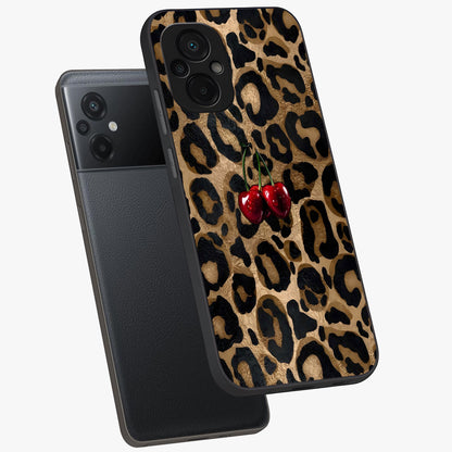 Leopard Wild Cherry Glass Case displayed in angled mockup highlighting bold animal print design with playful cherry aesthetic.