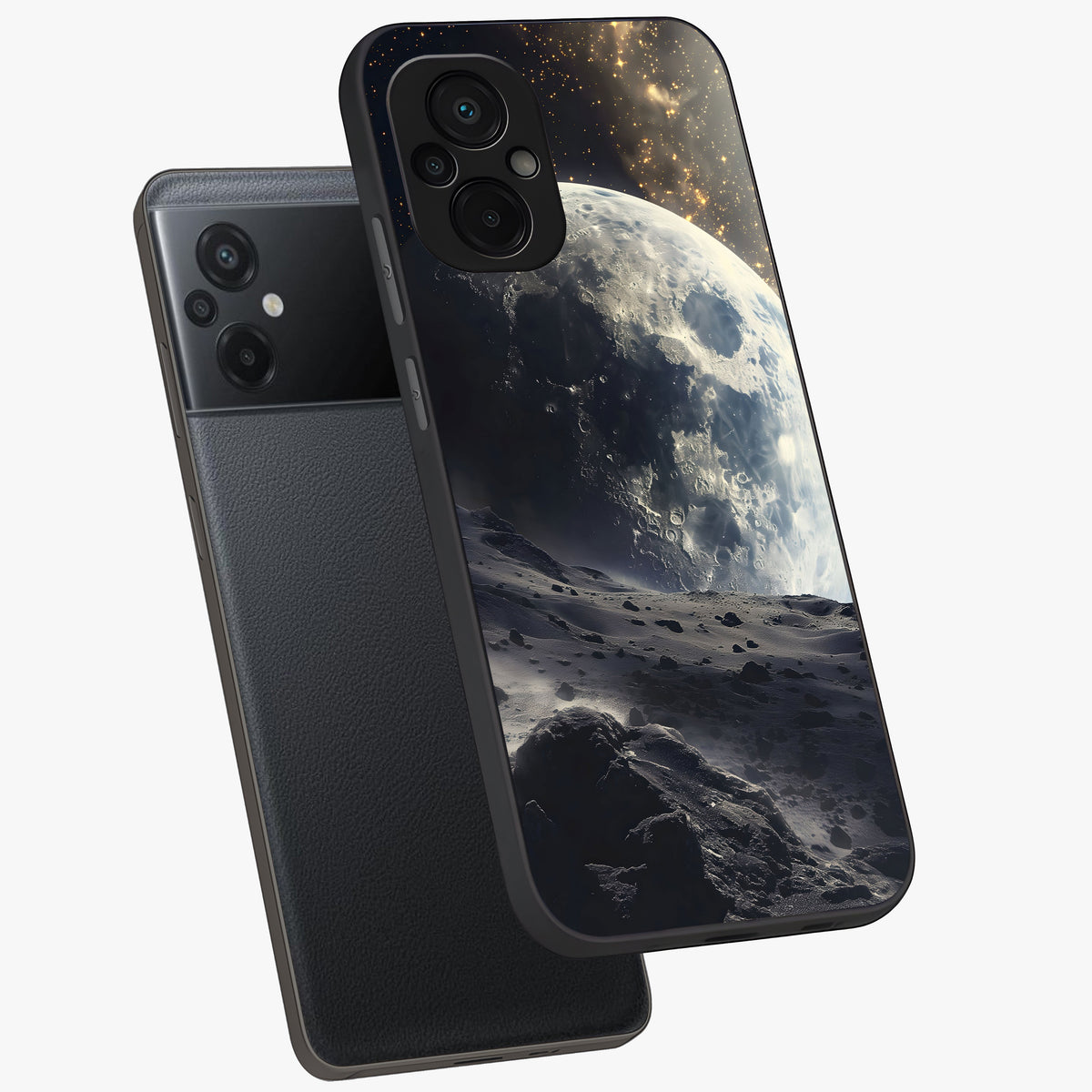 Lunar Horizon Glow Glass Case displayed in angled mockup highlighting celestial moon design with dreamy night aesthetic.