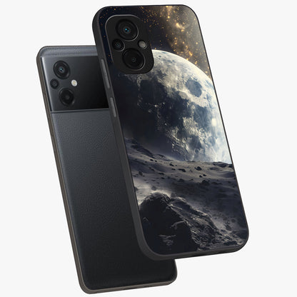Lunar Horizon Glow Glass Case displayed in angled mockup highlighting celestial moon design with dreamy night aesthetic.