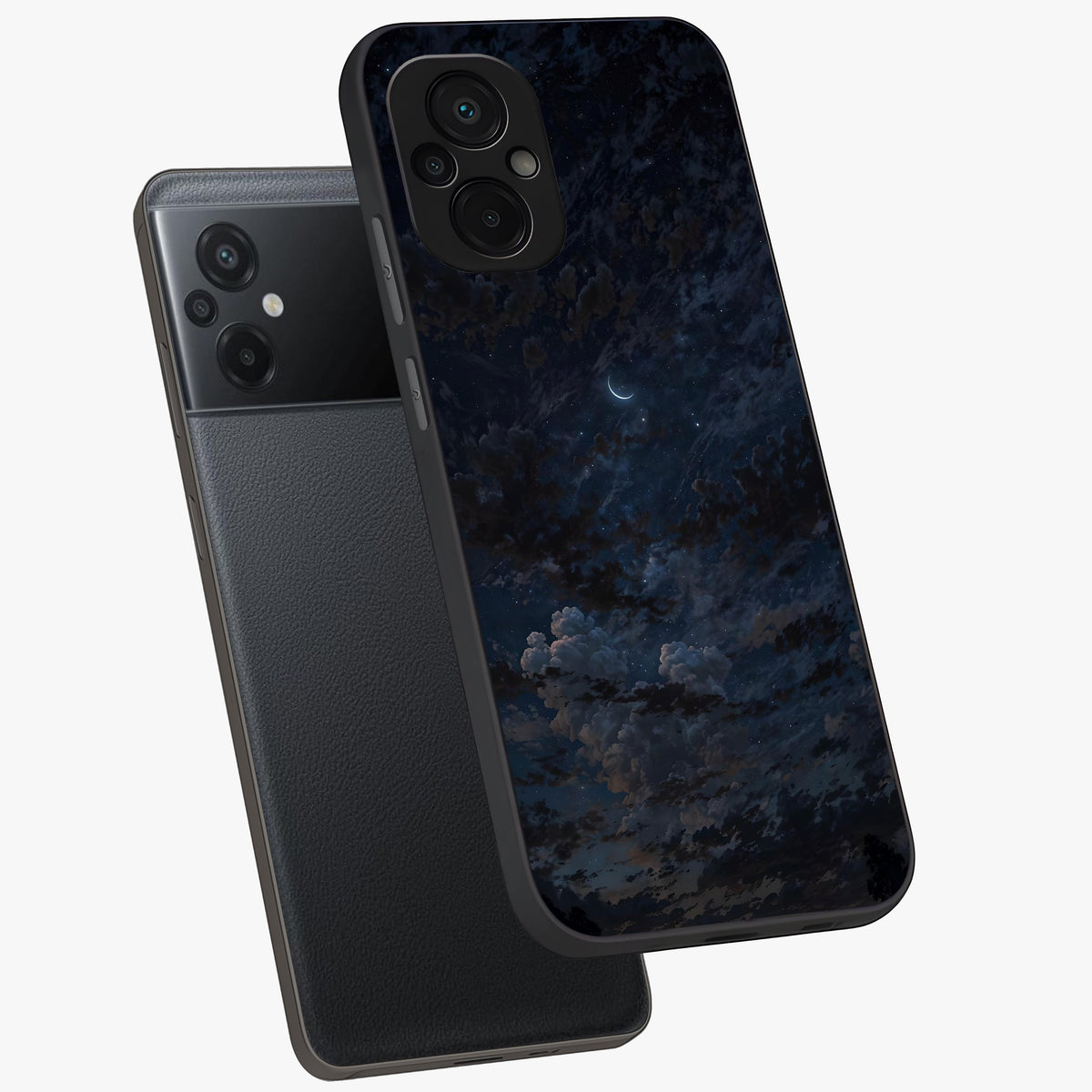 Lunar Veil Silence Glass Case displayed in angled mockup highlighting soft lunar design with peaceful celestial aesthetic.