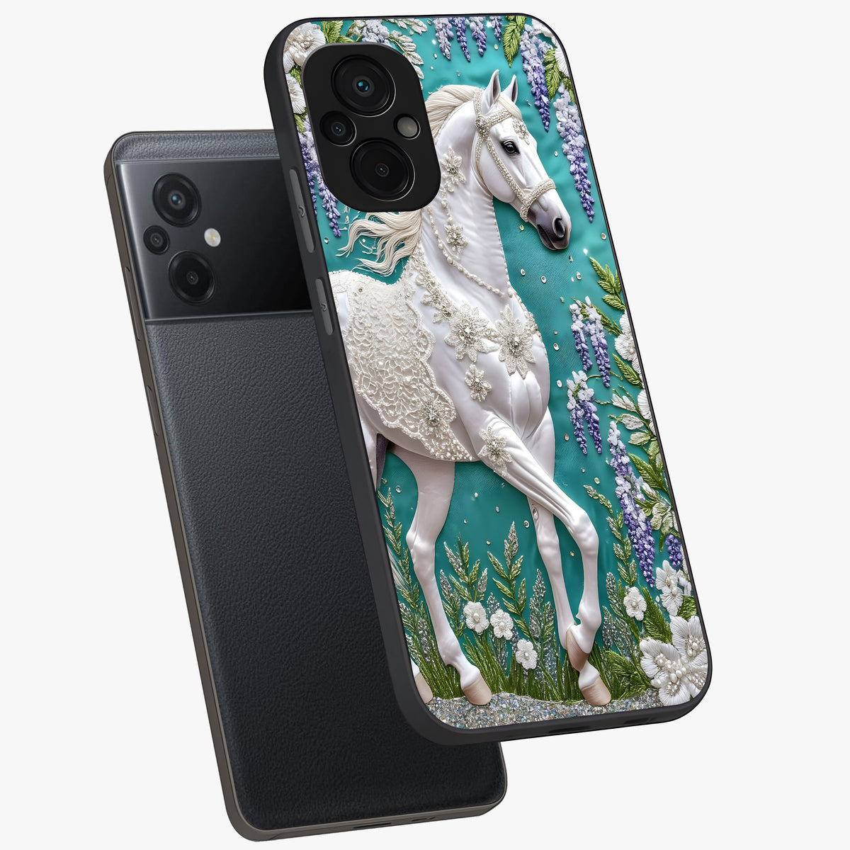 Majestic Floral Stallion Glass Case displayed in angled mockup highlighting majestic stallion illustration with elegant floral aesthetic.