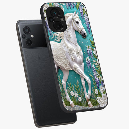 Majestic Floral Stallion Glass Case displayed in angled mockup highlighting majestic stallion illustration with elegant floral aesthetic.