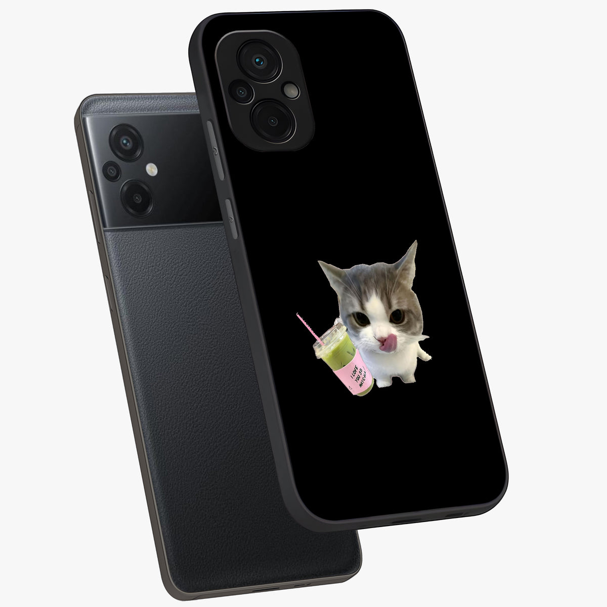 Matcha Cat Style Glass Case displayed in angled mockup highlighting playful feline design with pastel matcha aesthetic.