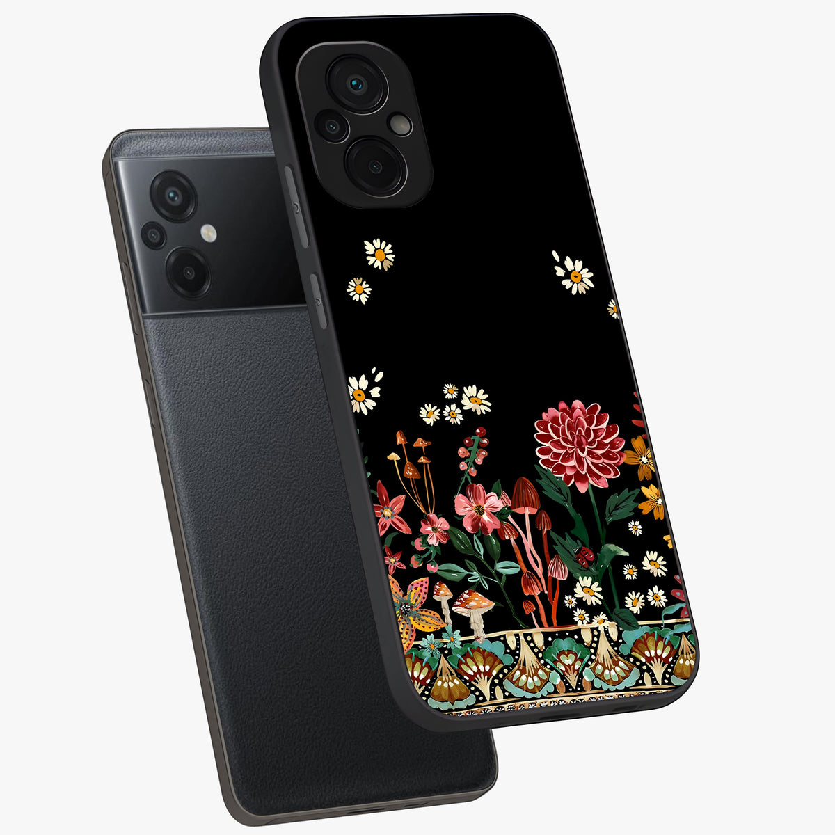 Midnight Bloom Pattern Glass Case displayed in angled mockup highlighting elegant flower design with midnight aesthetic style.