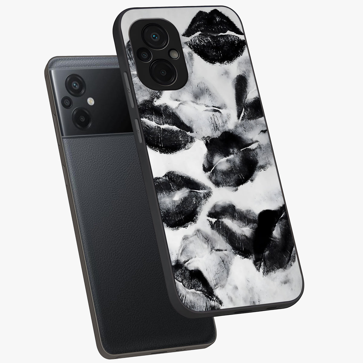 Midnight Kiss Marks Glass Case displayed in angled mockup highlighting playful romantic design with bold midnight aesthetic.