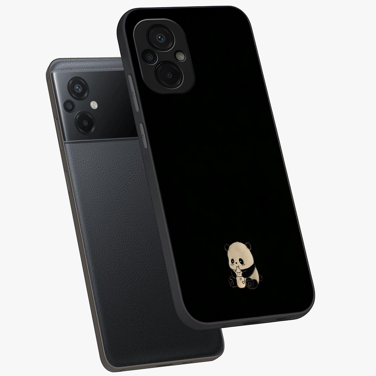 Midnight Panda Love Glass Case displayed in angled mockup highlighting adorable panda illustration with midnight aesthetic.