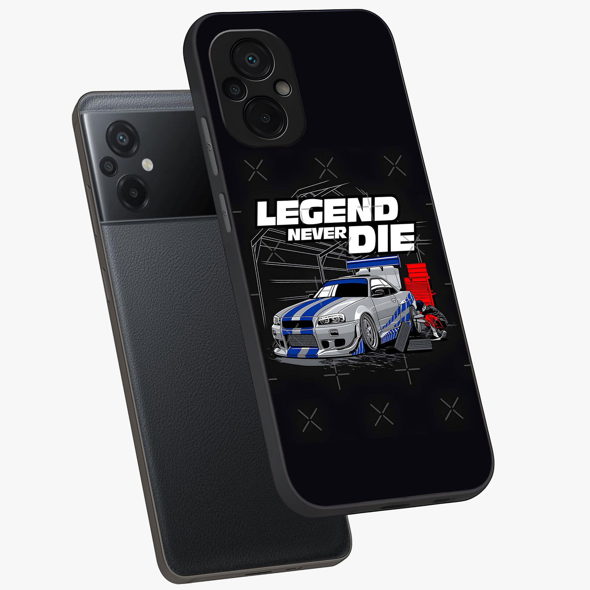Midnight Racing Legacy Glass Case displayed in angled mockup highlighting dynamic automotive design with bold midnight aesthetic.